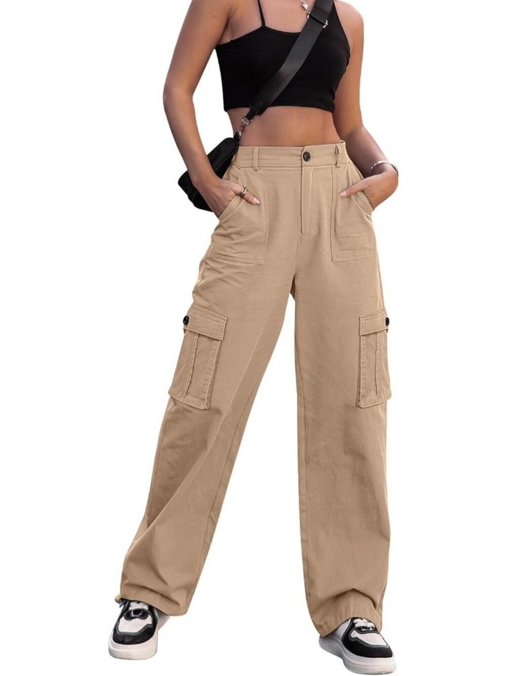 Women's Khaki Combat Military 6 Pockets Wide Leg Casual High Waisted Cargo Pants